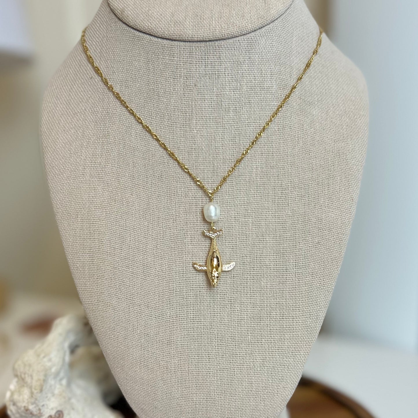 Pearl Drop Whale Pendant Necklace