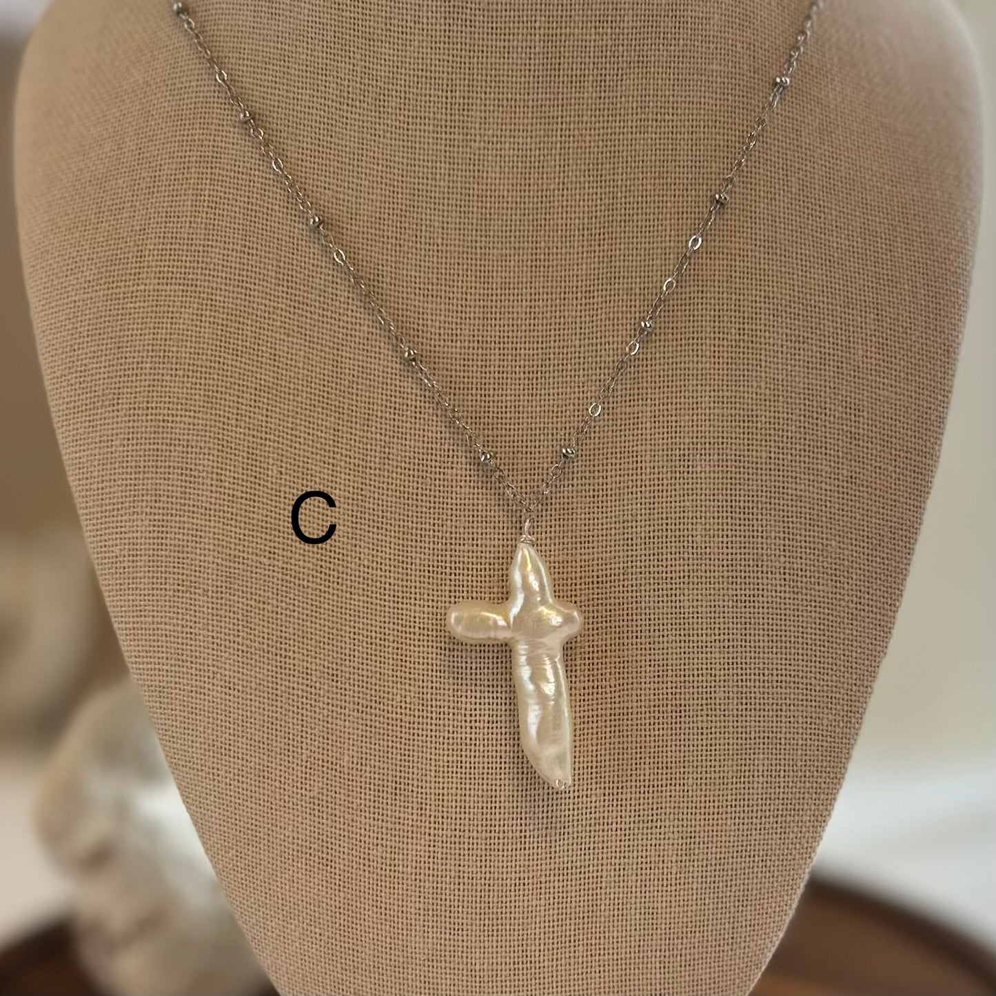 Baroque Pearl Cross silver Tone Pendant Necklace