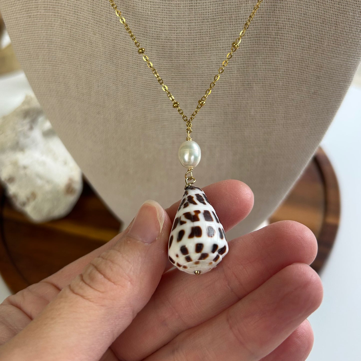 Pearl Drop Hebrew Cone Shell Necklace