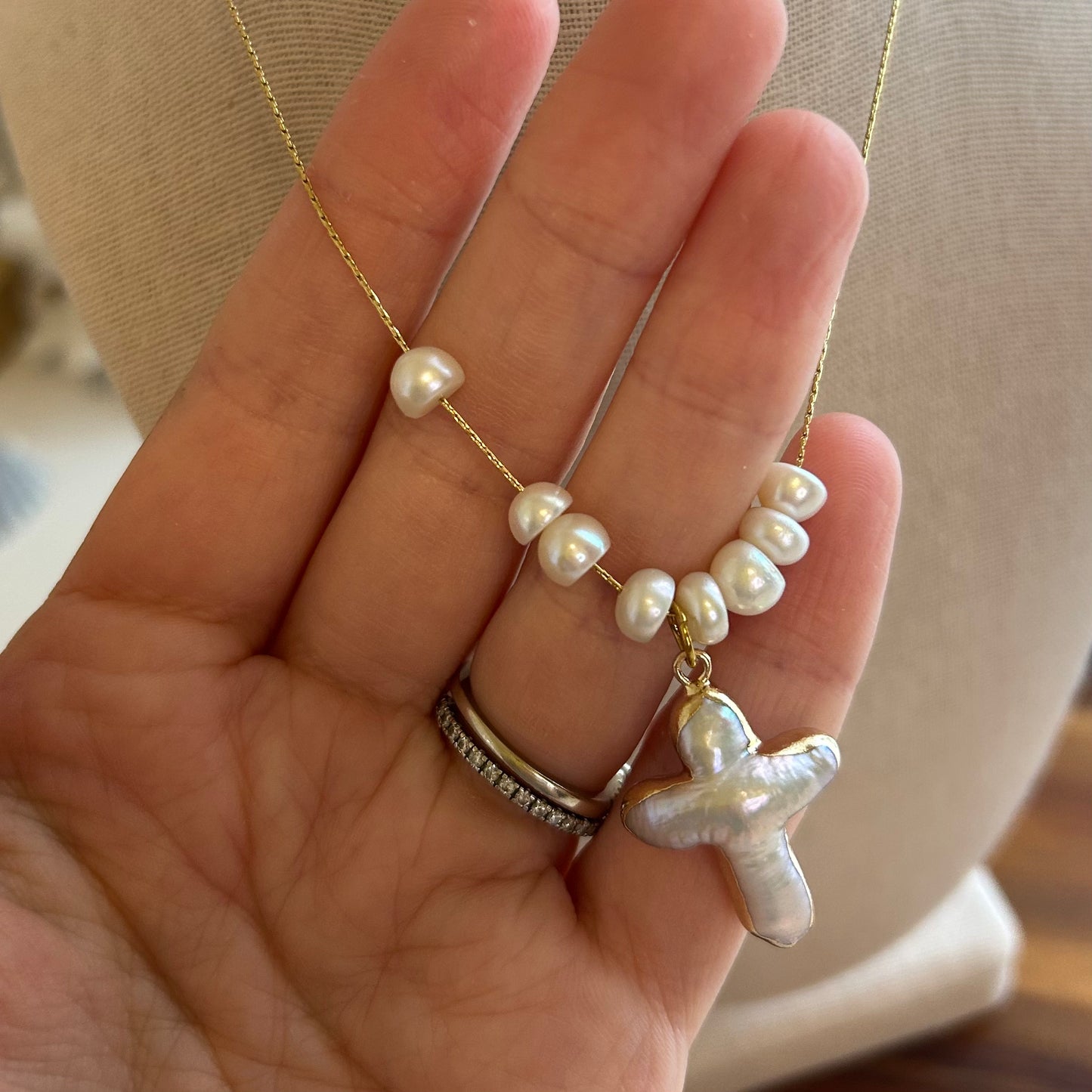 Baroque Pearl Cross & Pearl Strand Necklace