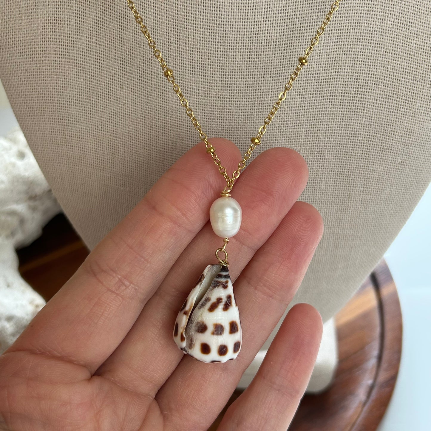 Pearl Drop Hebrew Cone Shell Necklace
