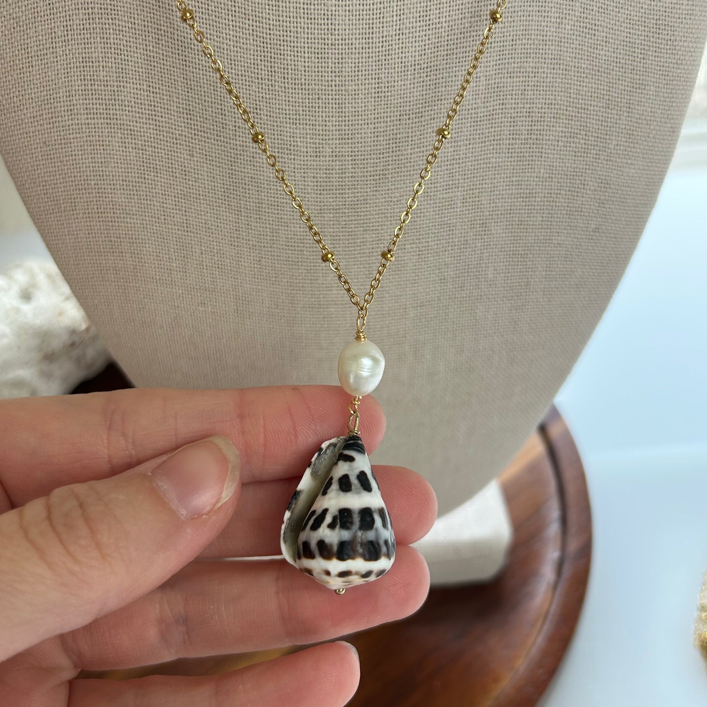 Pearl Drop Hebrew Cone Shell Necklace