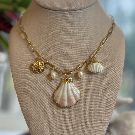 Pretty in Pink Seashell & Pearl Charm Necklace