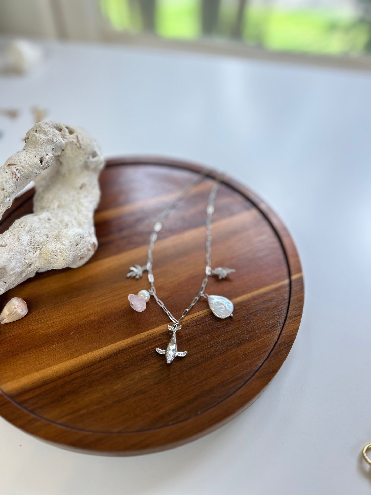 Whale Charm Necklace Stainless Steel & Pearls