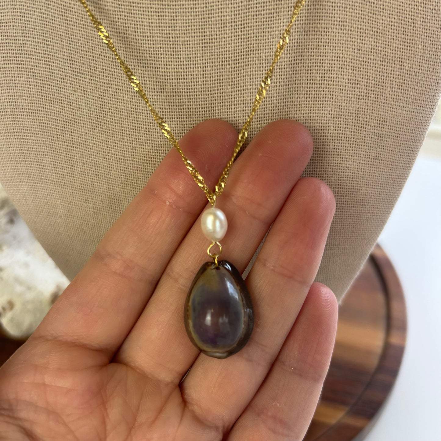 Cowrie Shell & Pearl Drop Pendant Necklace