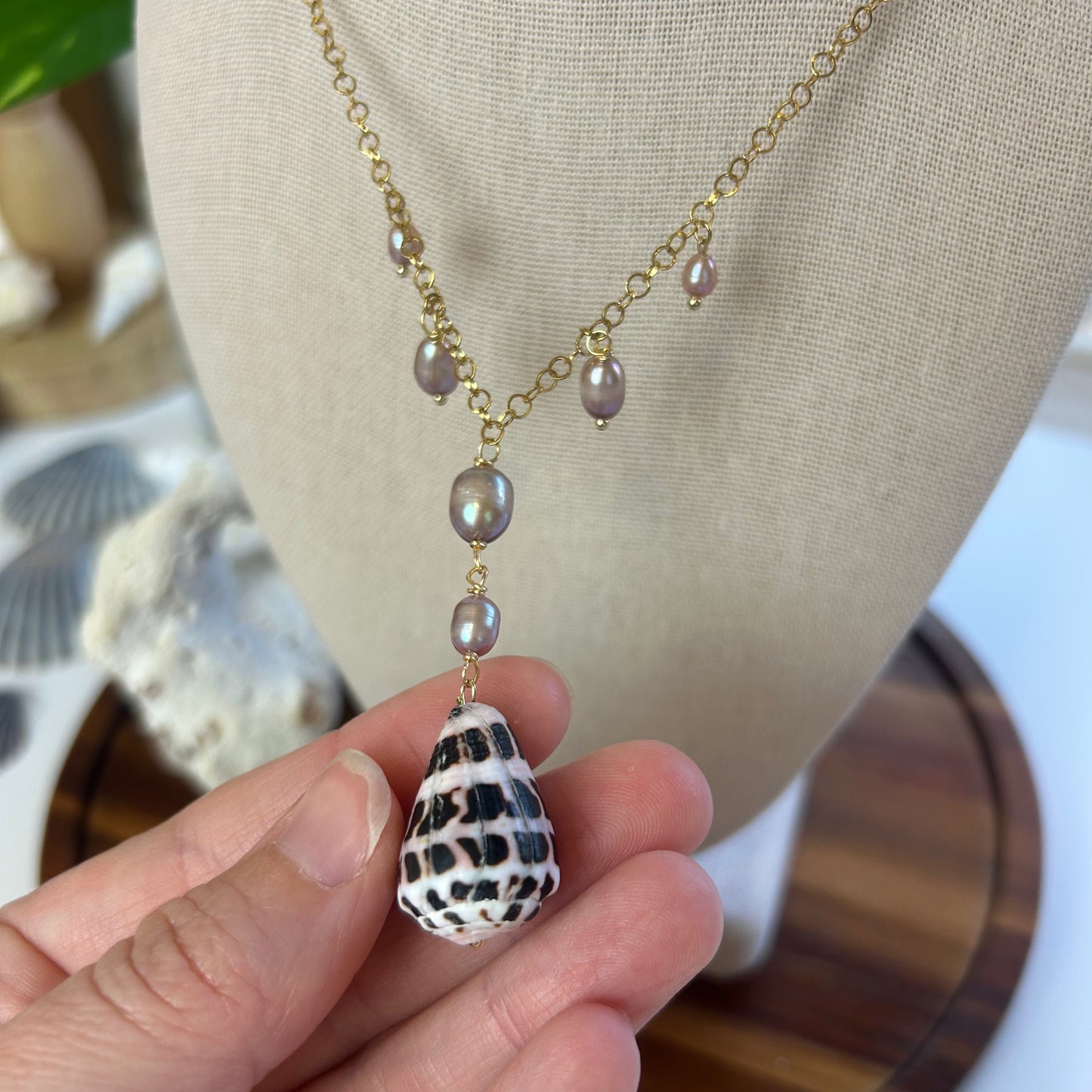 Elegant Lavender Pearl & Hebrew Cone Shell Necklace