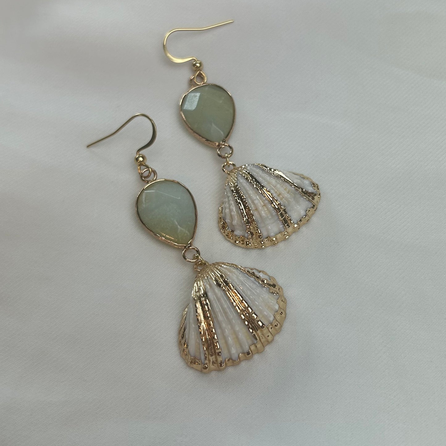 Mermaid Earrings Sage Gold Stripe Shells