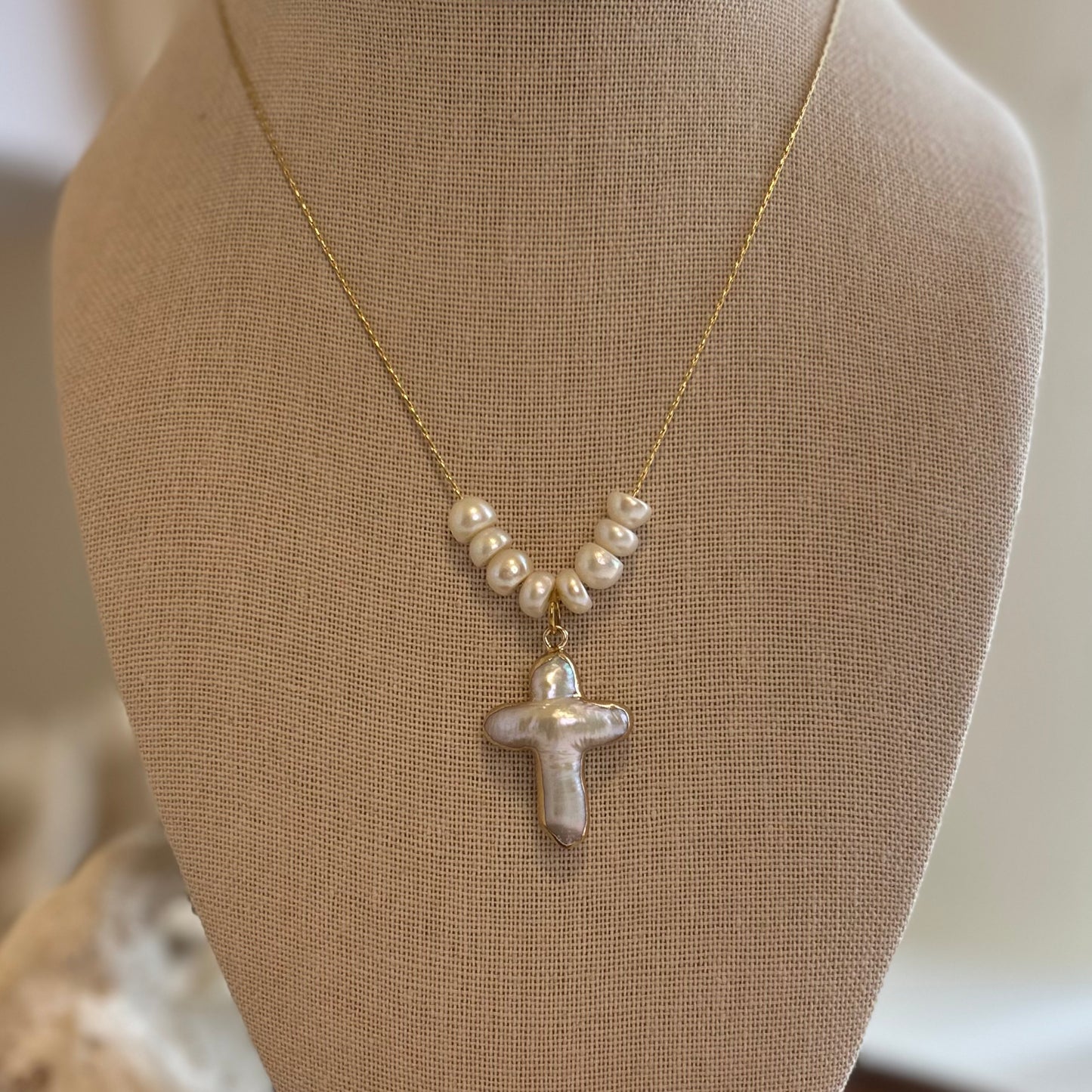 Baroque Pearl Cross & Pearl Strand Necklace