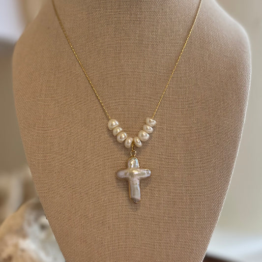 Baroque Pearl Cross & Pearl Strand Necklace