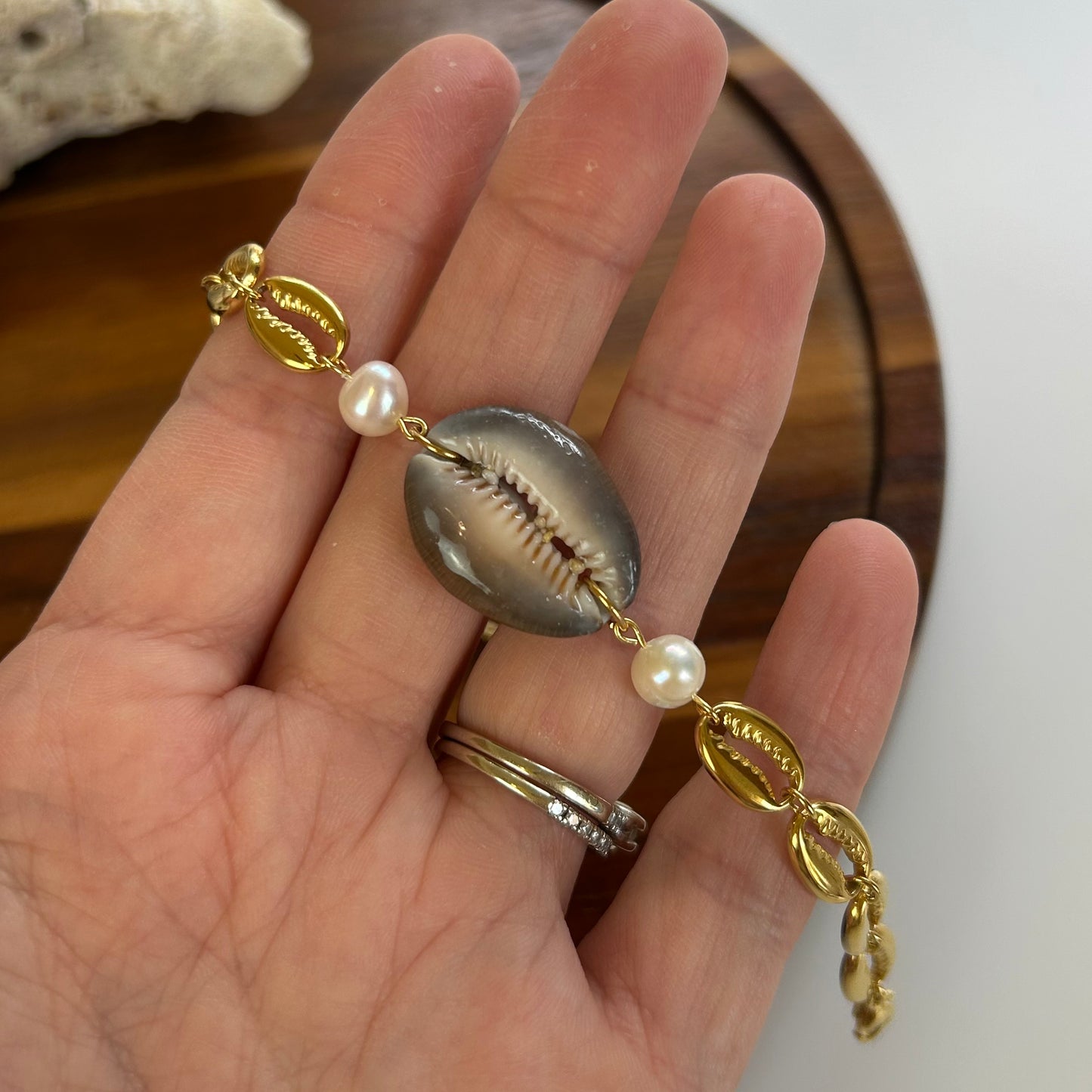 Cowrie & Pearls Shell Link Bracelet