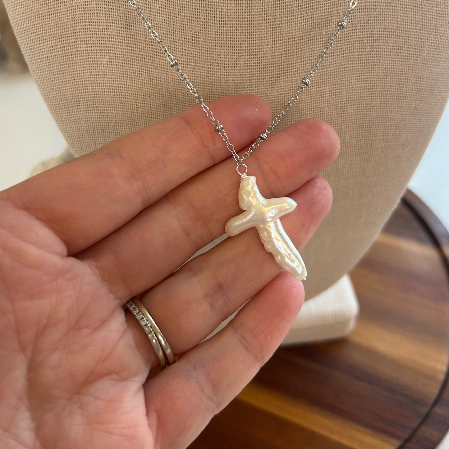 Baroque Pearl Cross silver Tone Pendant Necklace