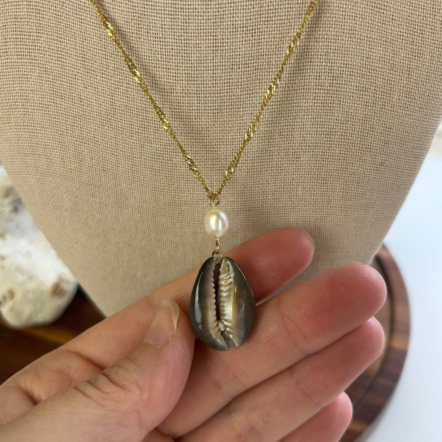 Cowrie Shell & Pearl Drop Pendant Necklace