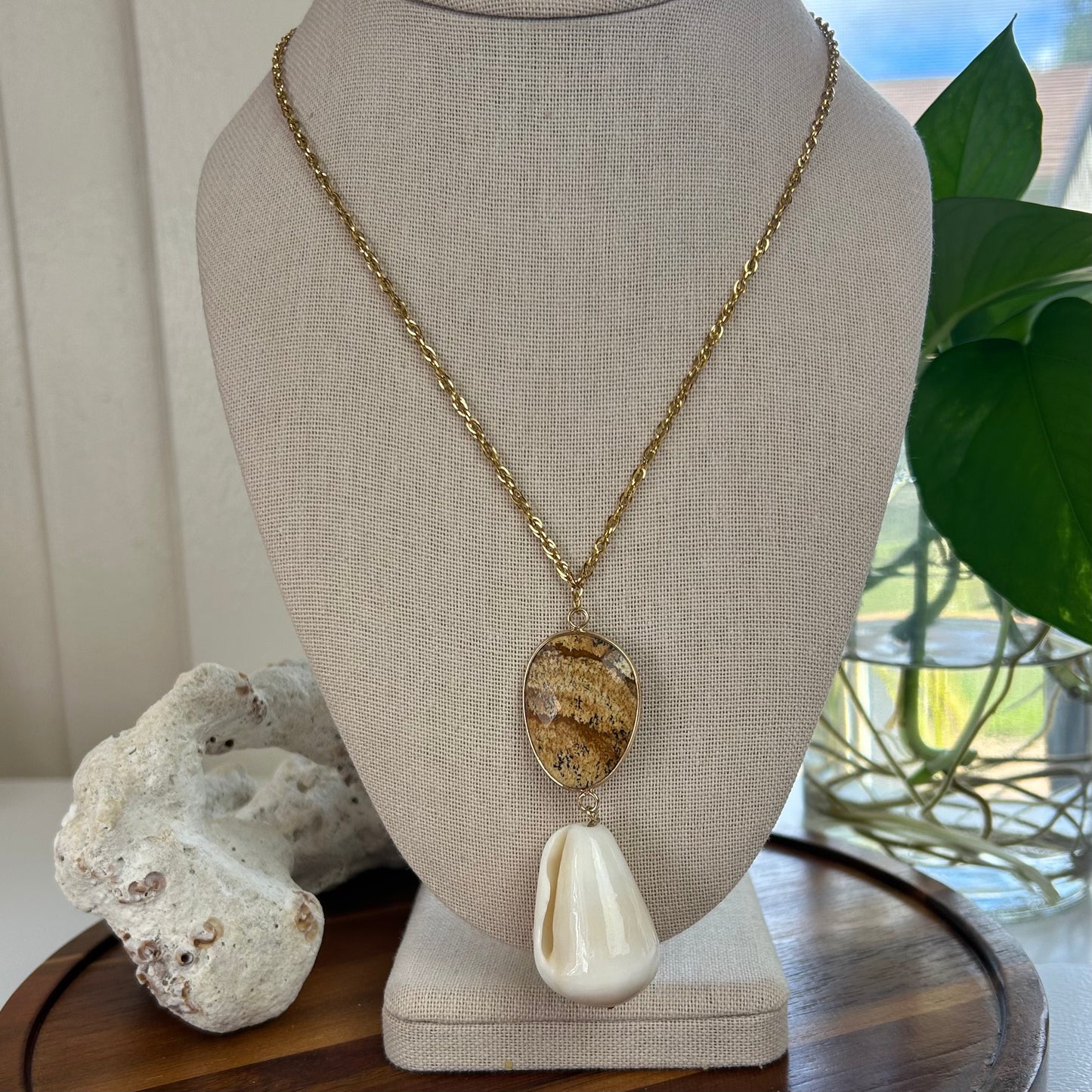 Stone Pendant & Shell Statement Necklace