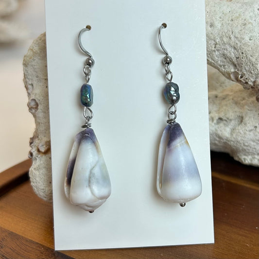Silver & Blue Cone Shell Pearl Earrings