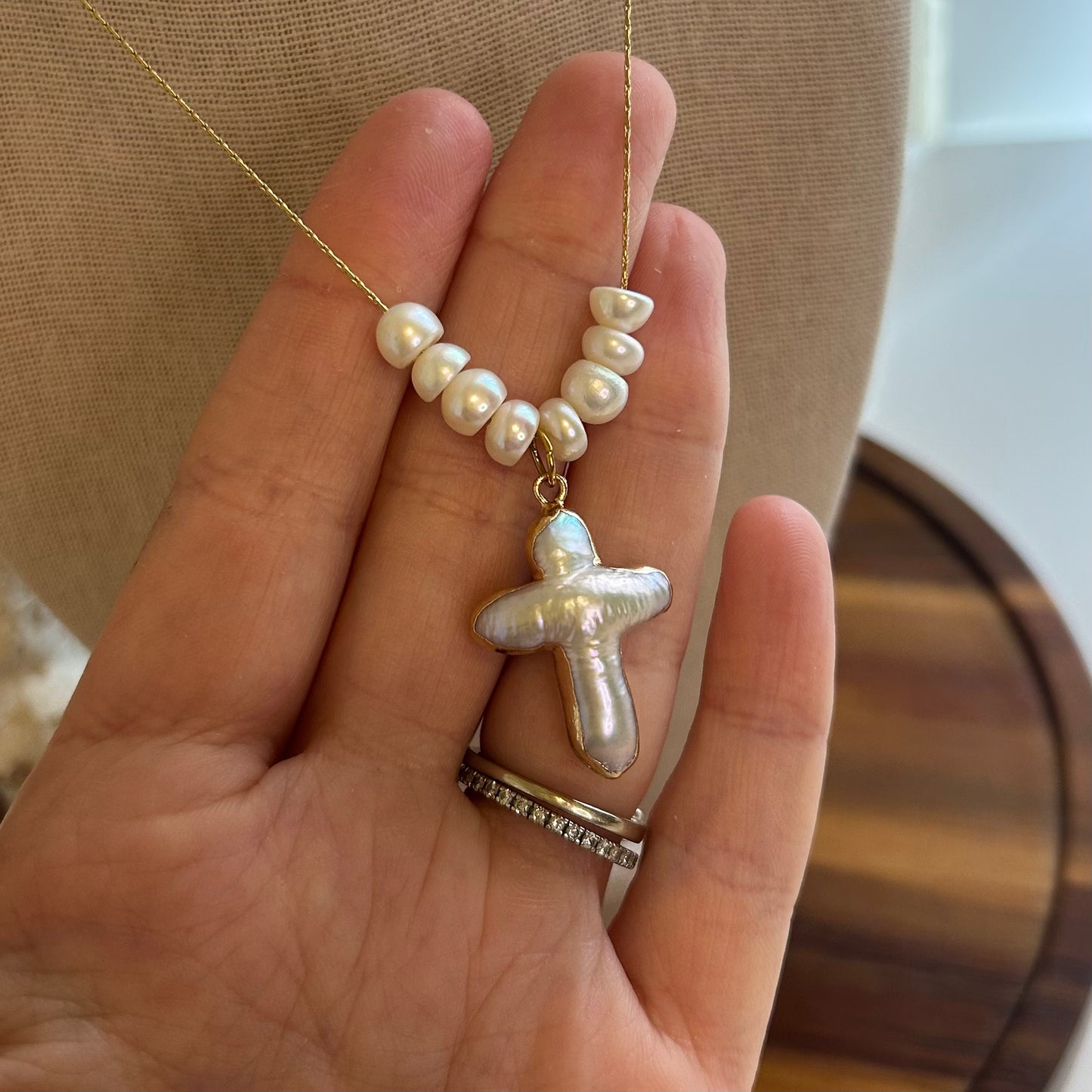 Baroque Pearl Cross & Pearl Strand Necklace