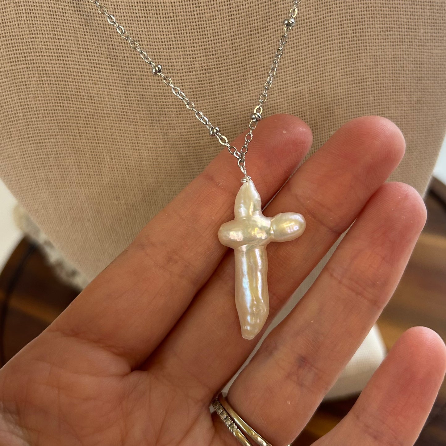 Baroque Pearl Cross silver Tone Pendant Necklace
