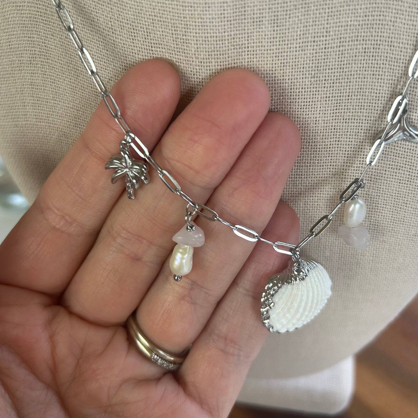 Rose Quartz Shell Charm Necklace