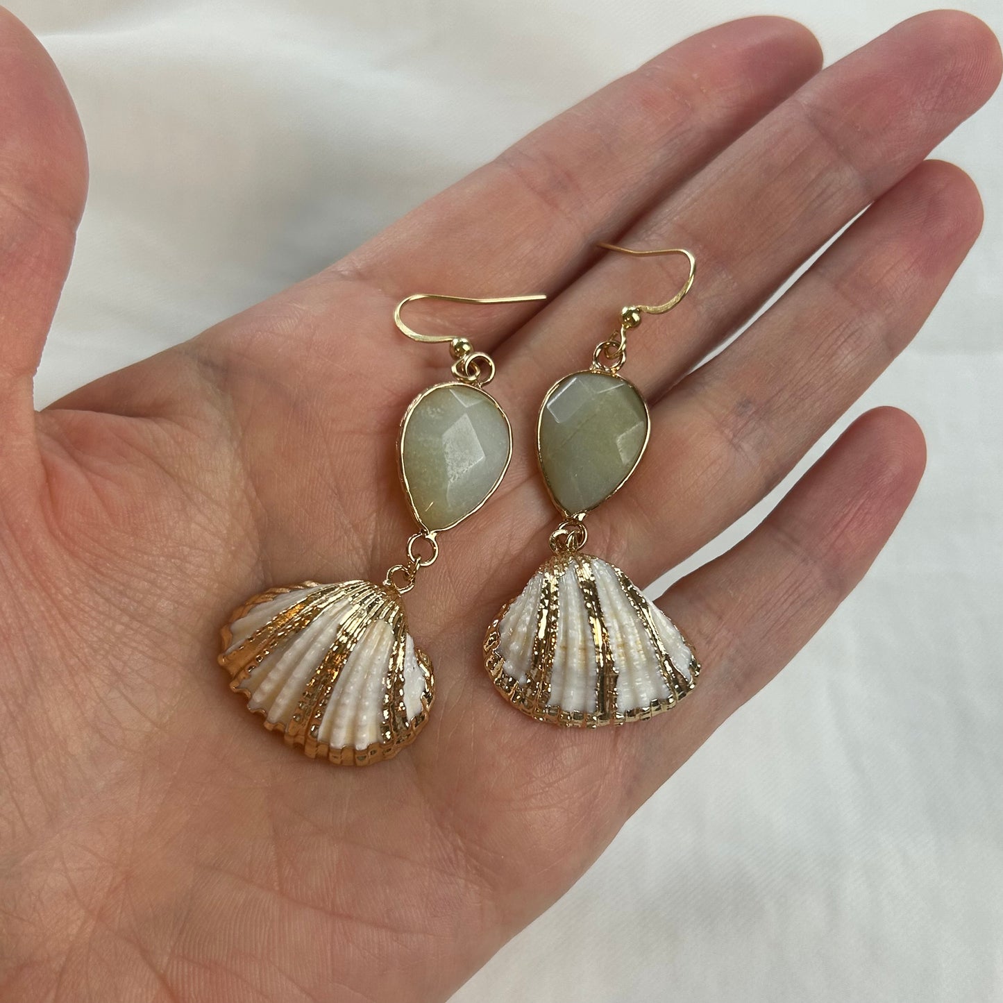 Mermaid Earrings Sage Gold Stripe Shells