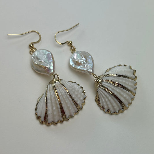 Gold Stripe Seashell Pearl Mermaid Earrings