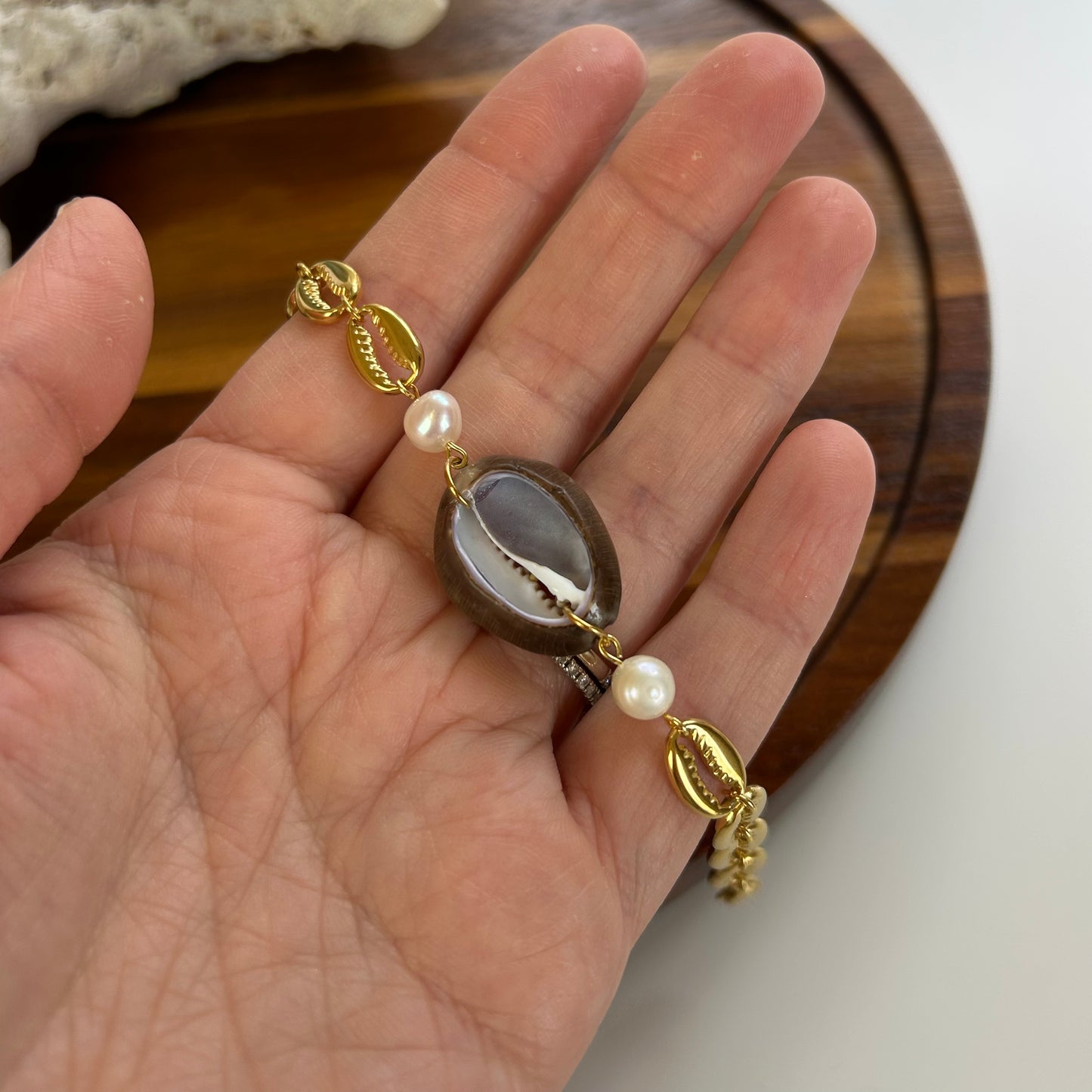 Cowrie & Pearls Shell Link Bracelet