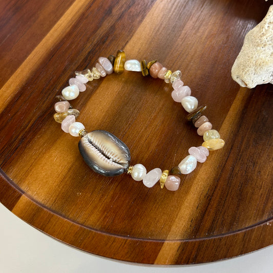 Cowrie Shell Stone & Pearls Stretch Bracelet