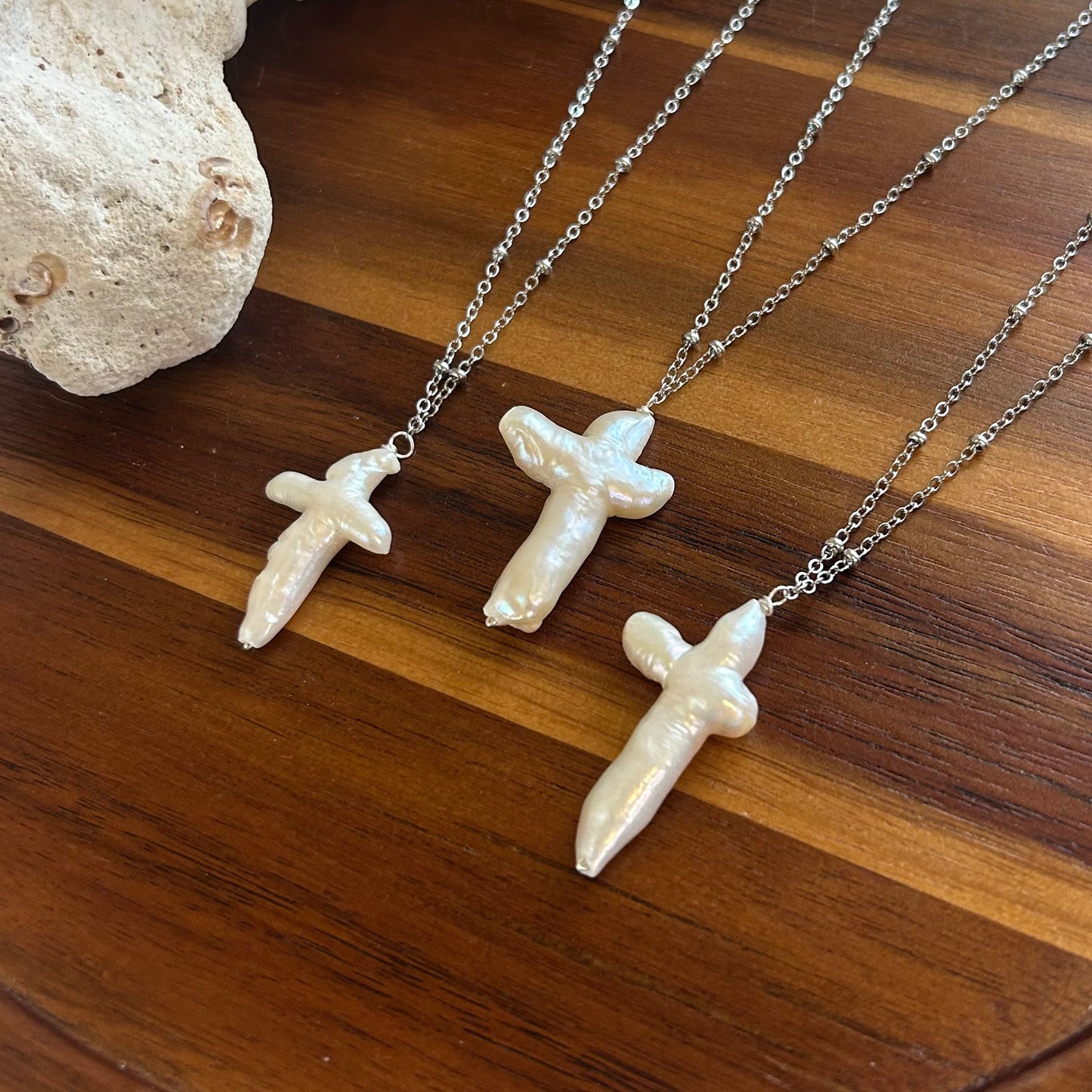 Baroque Pearl Cross silver Tone Pendant Necklace