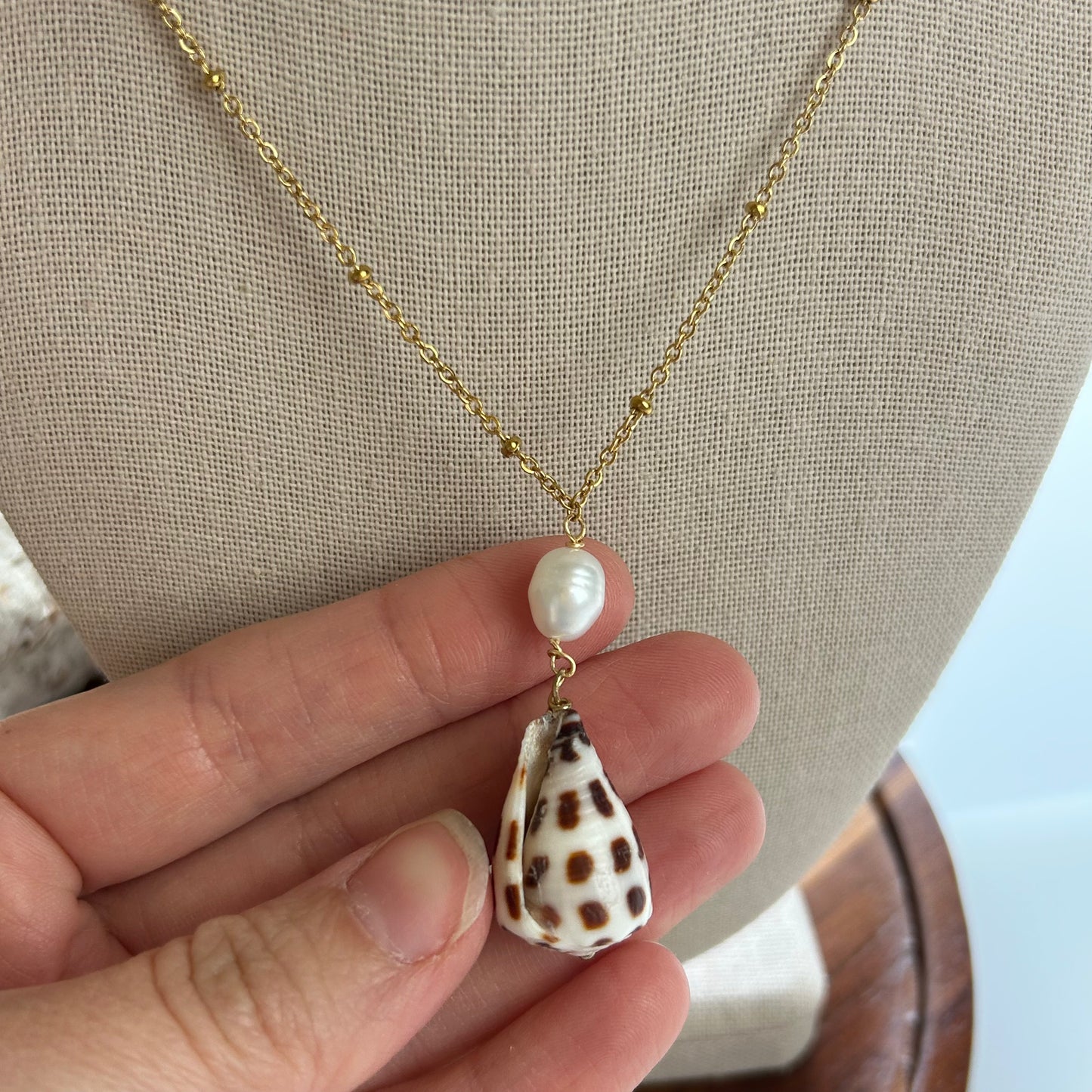 Pearl Drop Hebrew Cone Shell Necklace