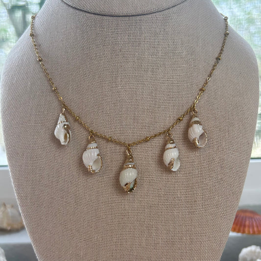 Dainty Quintet White & Gold Conch Necklace