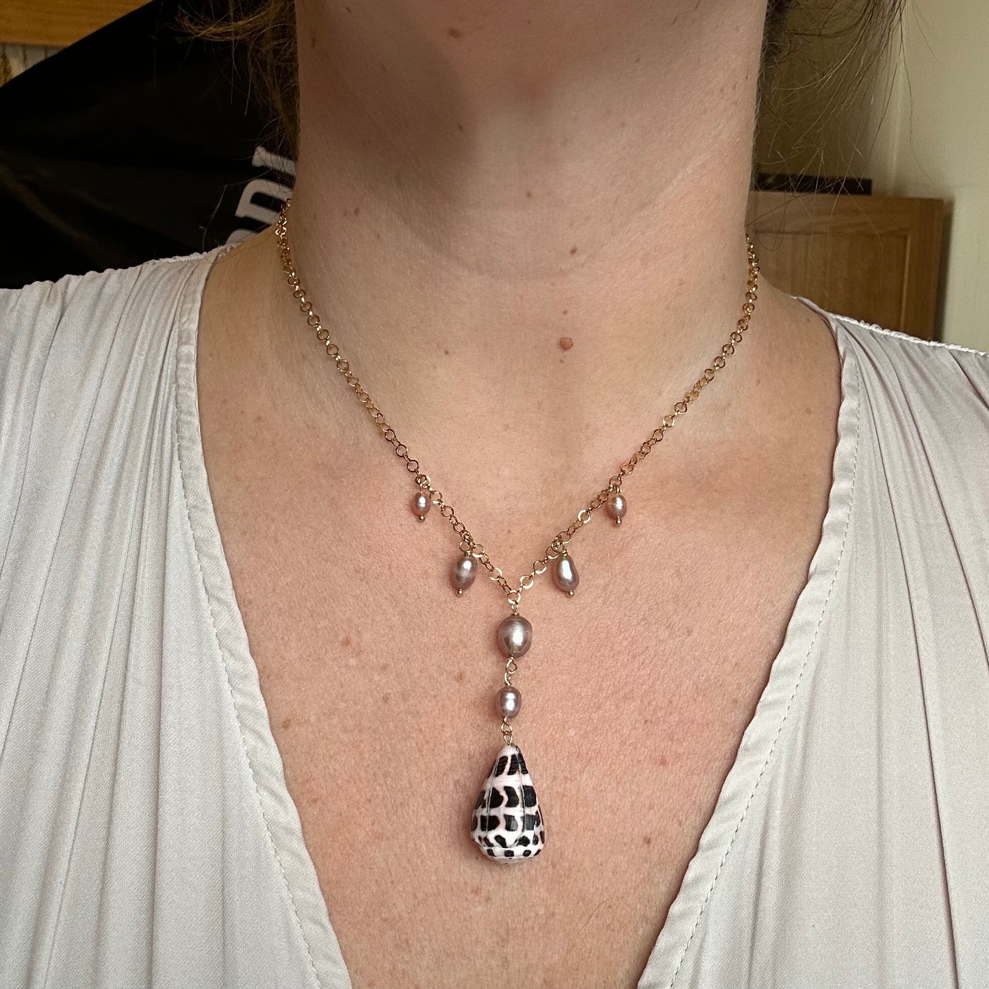 Elegant Lavender Pearl & Hebrew Cone Shell Necklace