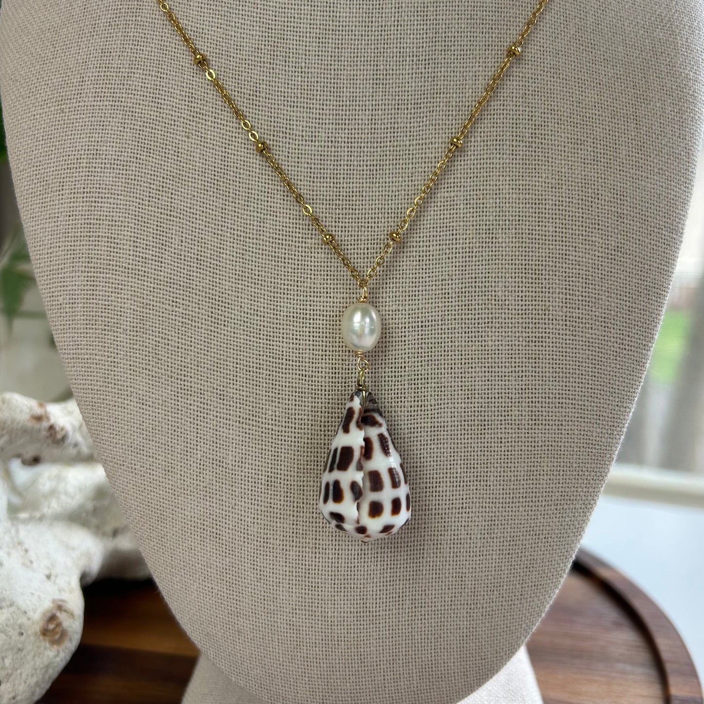 Pearl Drop Hebrew Cone Shell Necklace