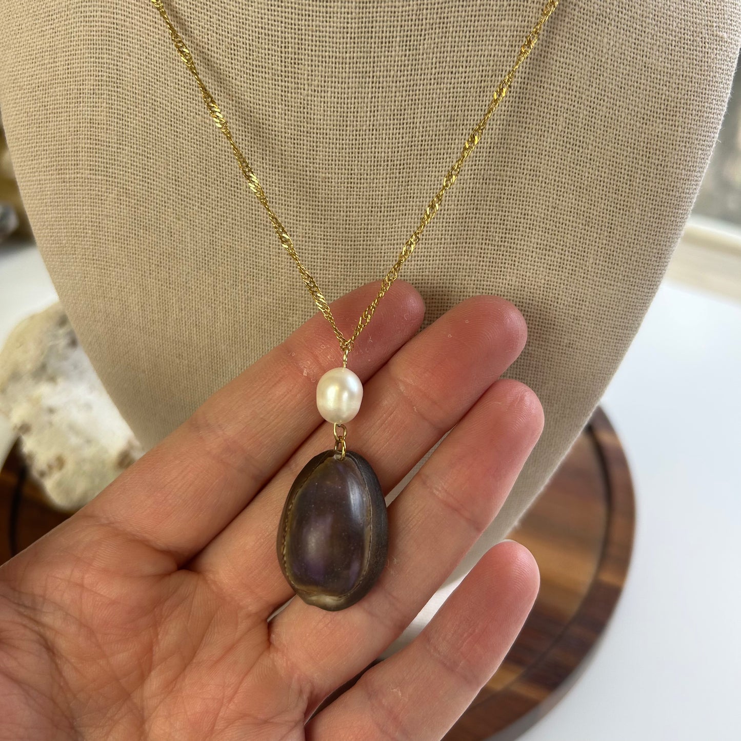 Cowrie Shell & Pearl Drop Pendant Necklace