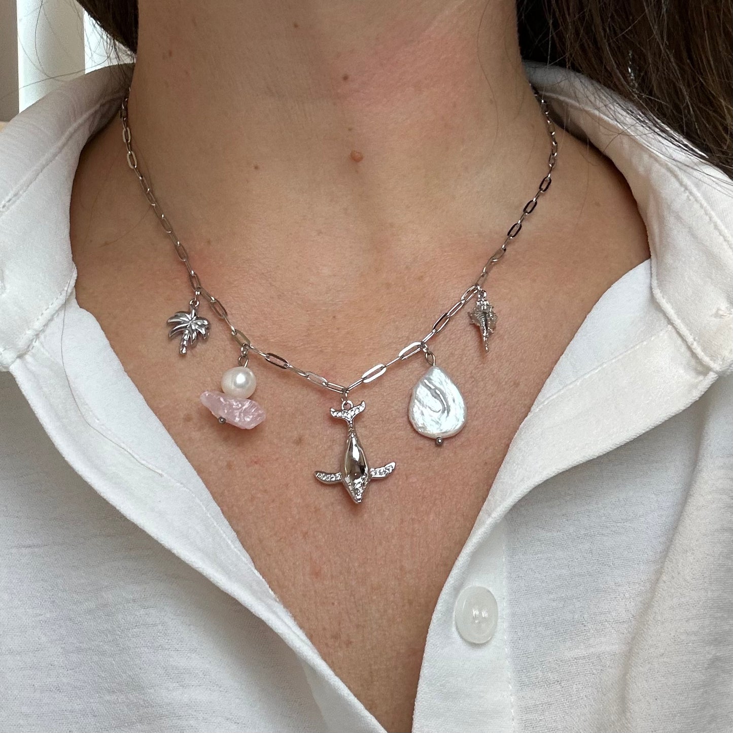 Whale Charm Necklace Stainless Steel & Pearls