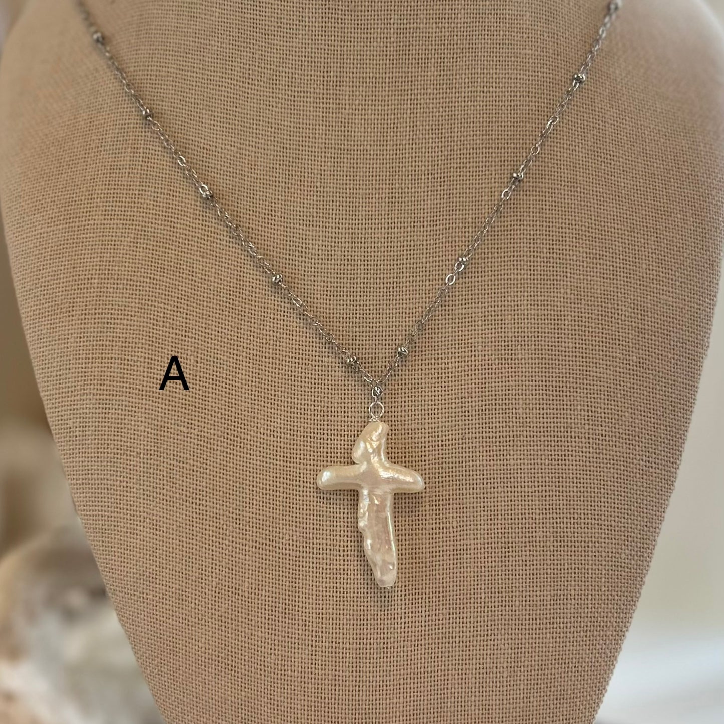 Baroque Pearl Cross silver Tone Pendant Necklace