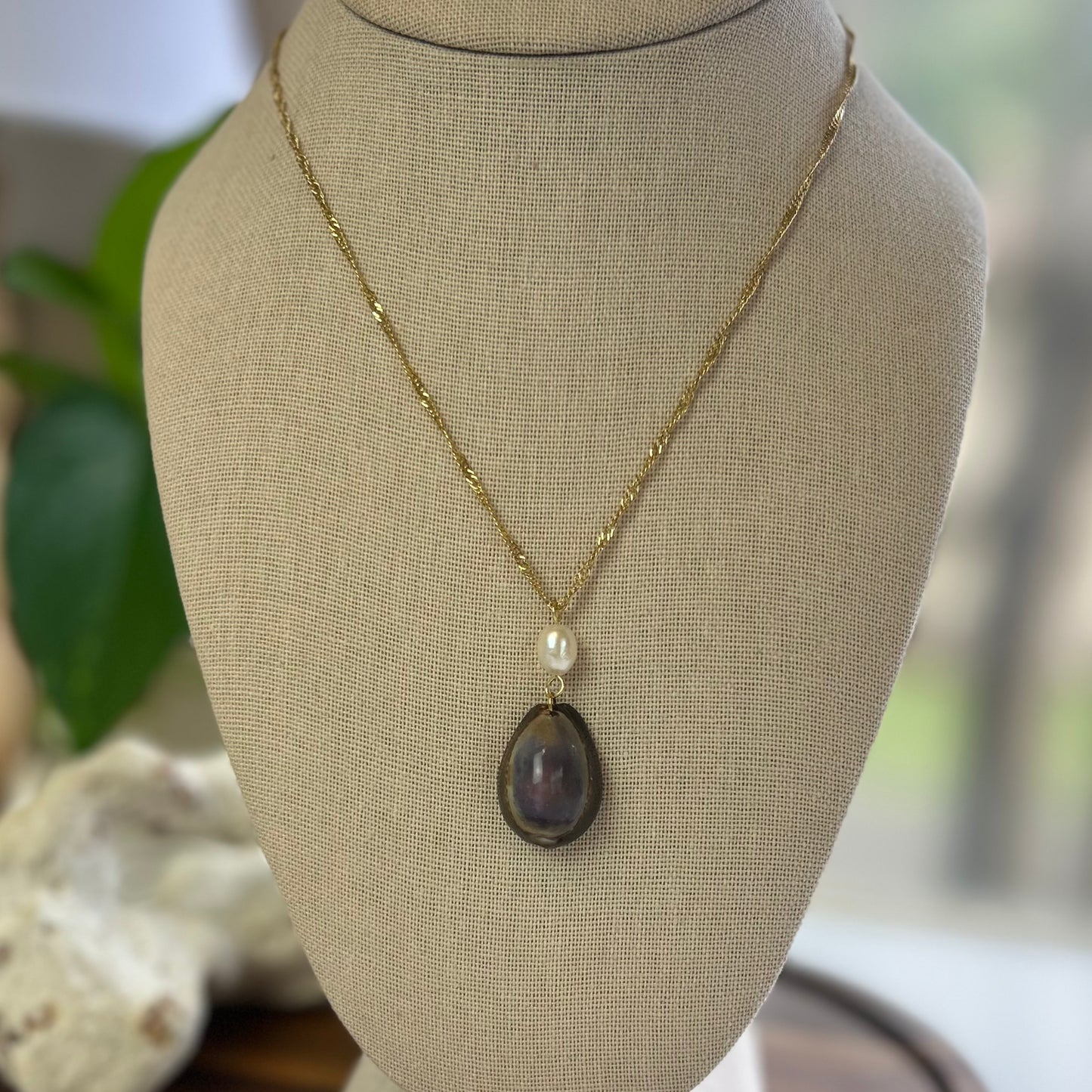 Cowrie Shell & Pearl Drop Pendant Necklace