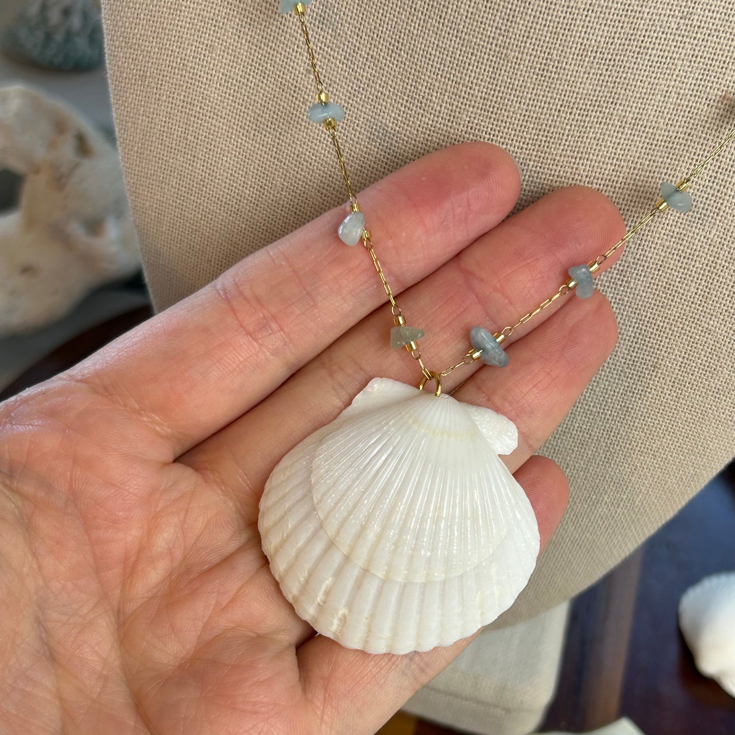 Blue Stone and Seashell Pendant Necklace