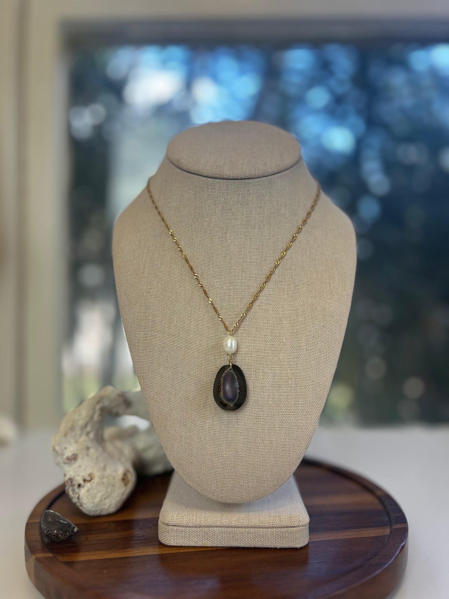 Cowrie Shell & Pearl Drop Pendant Necklace