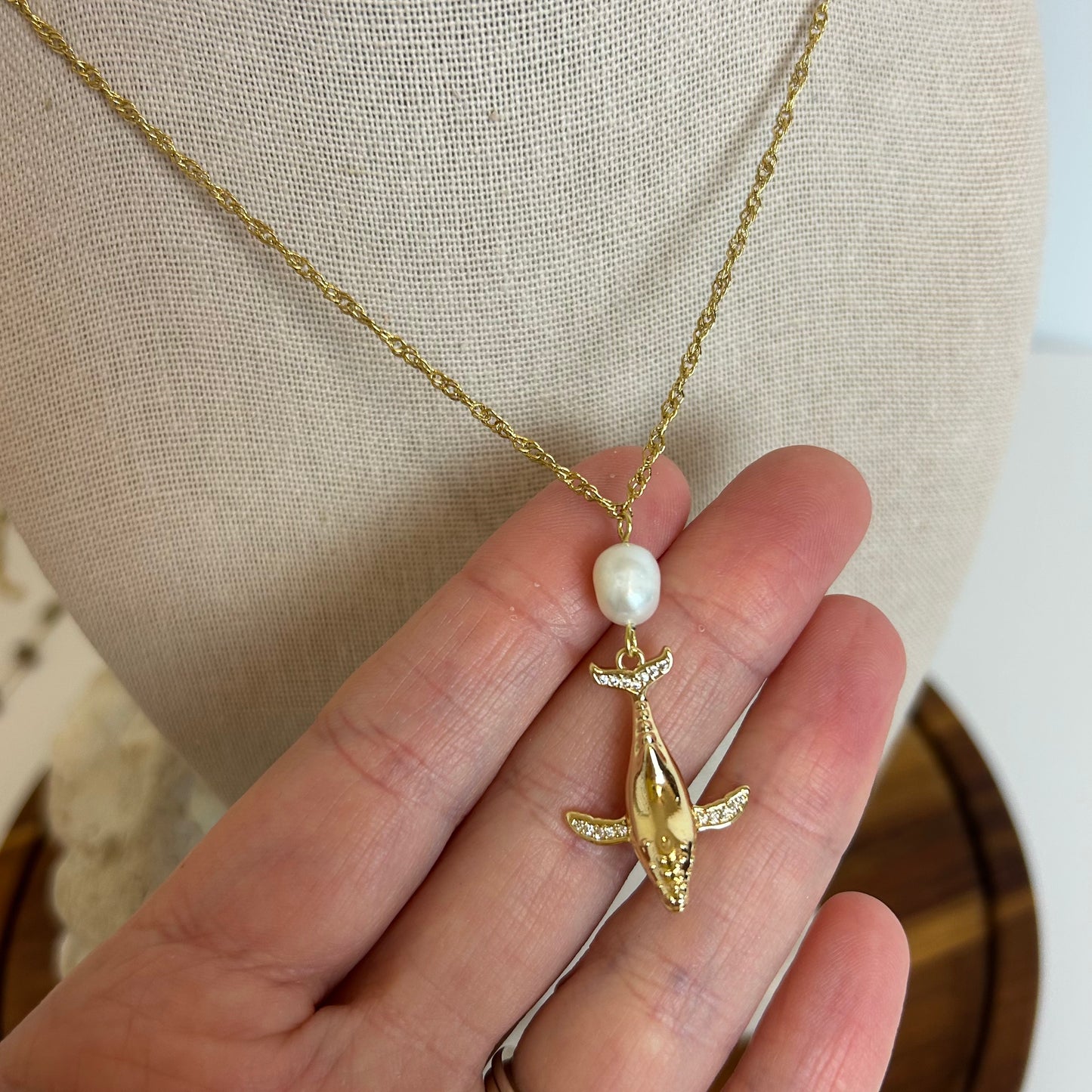 Pearl Drop Whale Pendant Necklace