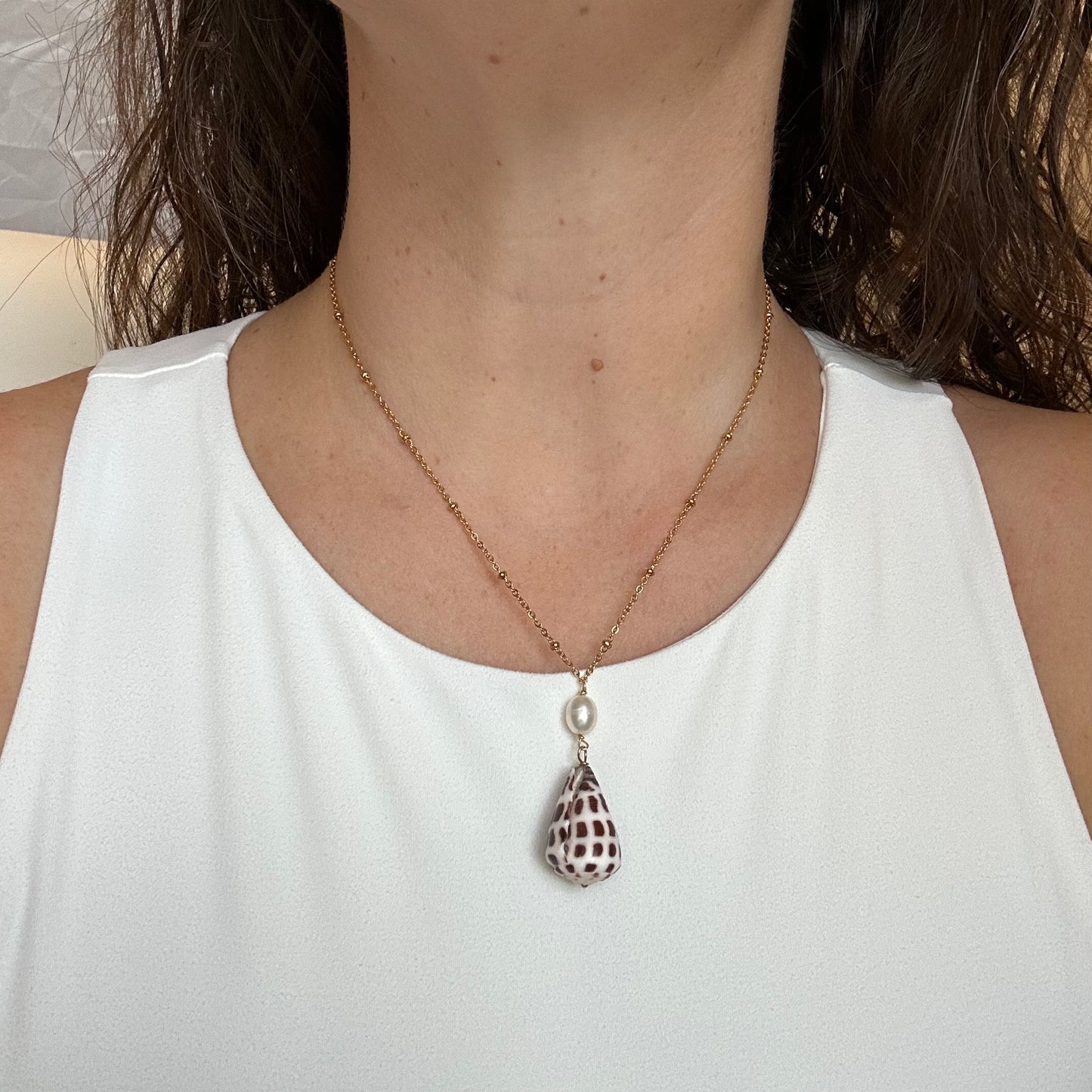Pearl Drop Hebrew Cone Shell Necklace