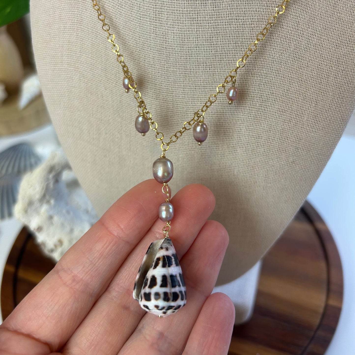 Elegant Lavender Pearl & Hebrew Cone Shell Necklace