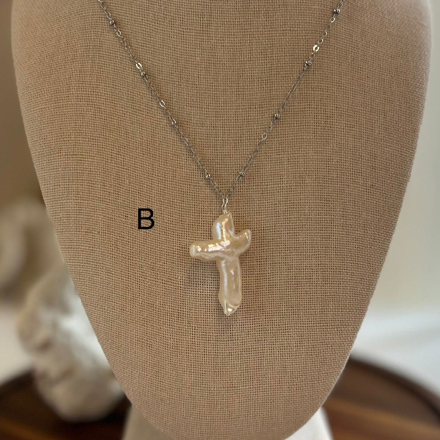 Baroque Pearl Cross silver Tone Pendant Necklace