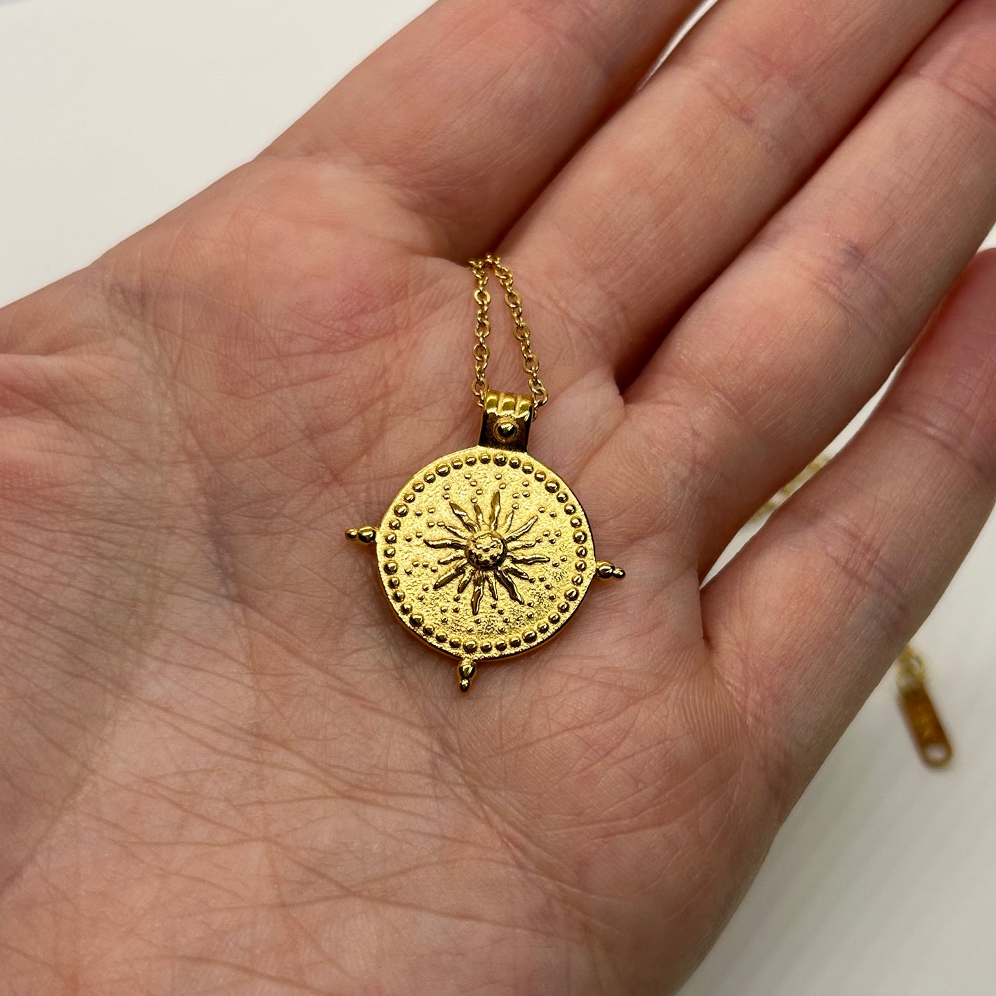 Sun Seeker Compass Medallion Gold Plated Pendant Necklace