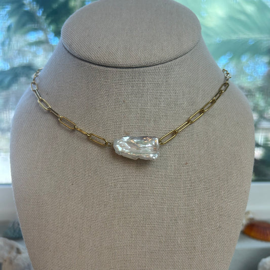 Free Form Mother of Pearl 18k Paperclip Necklace