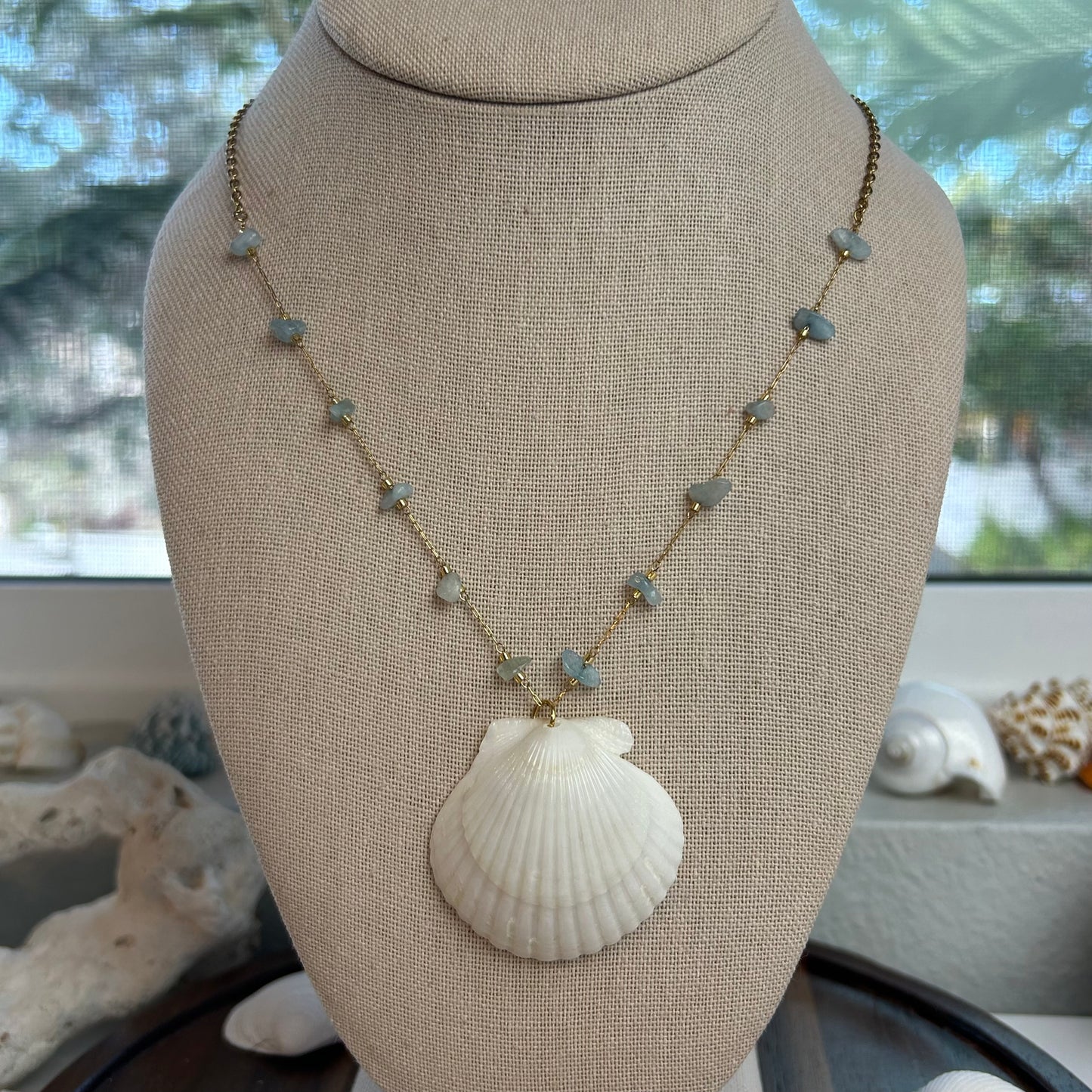 Blue Stone and Seashell Pendant Necklace