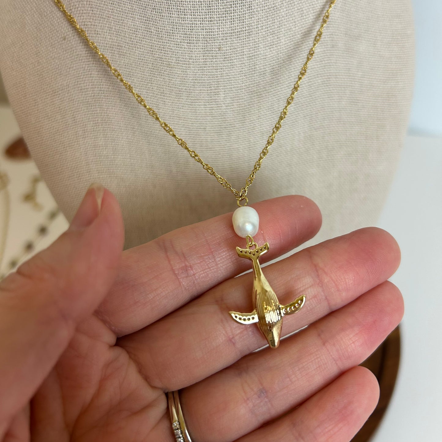 Pearl Drop Whale Pendant Necklace
