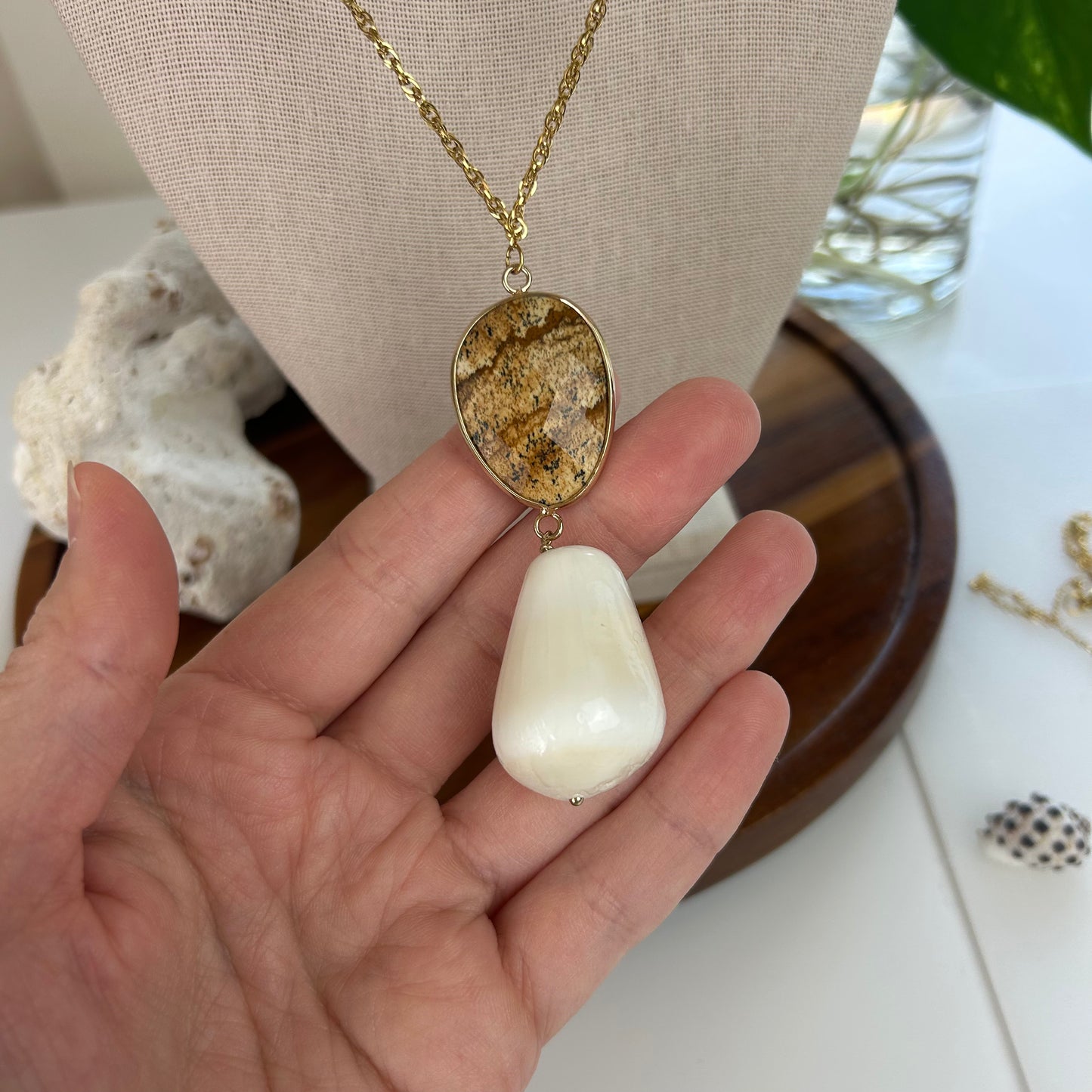 Stone Pendant & Shell Statement Necklace