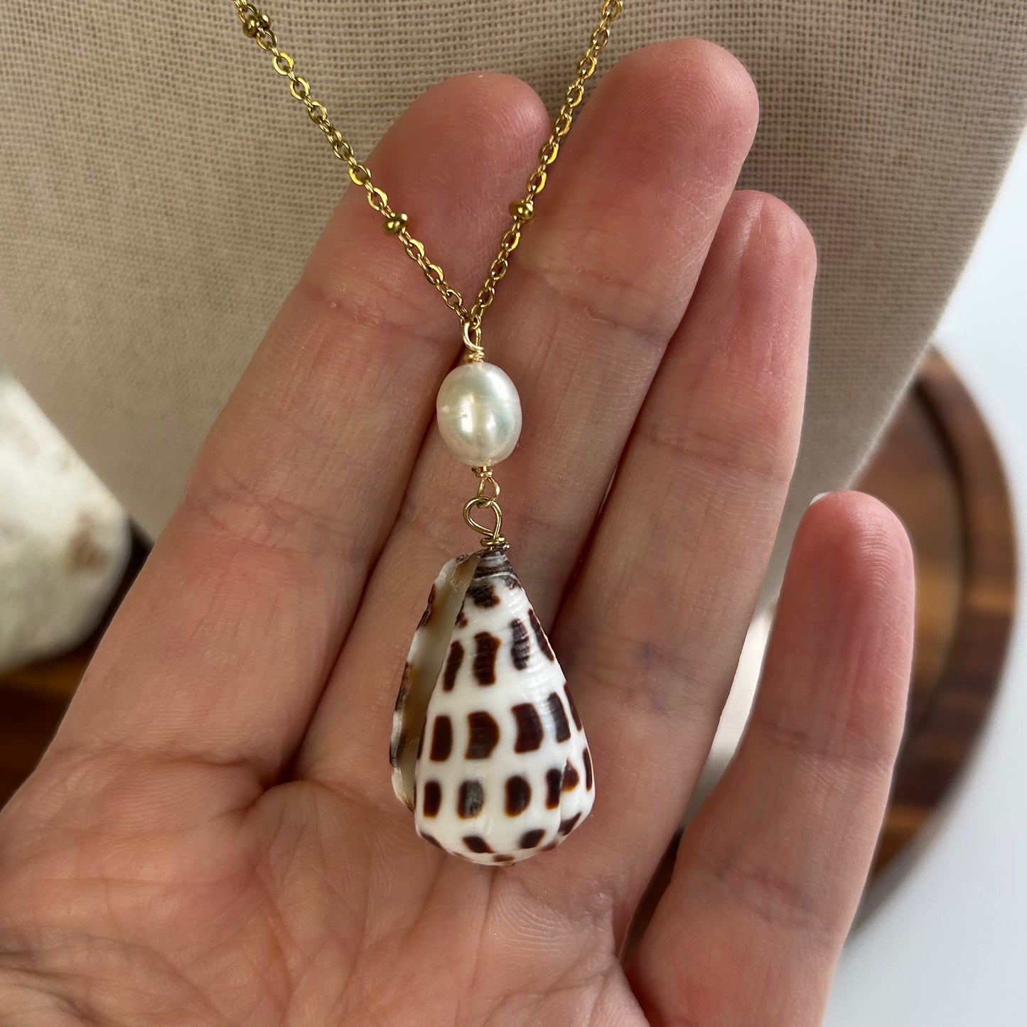 Pearl Drop Hebrew Cone Shell Necklace