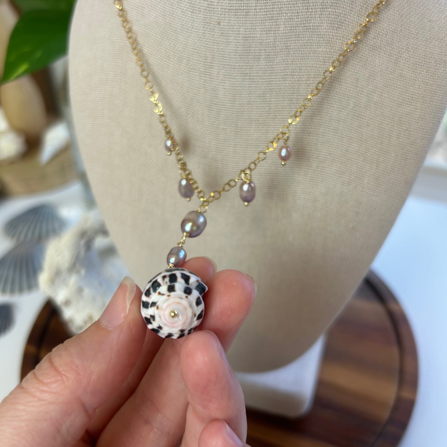 Elegant Lavender Pearl & Hebrew Cone Shell Necklace