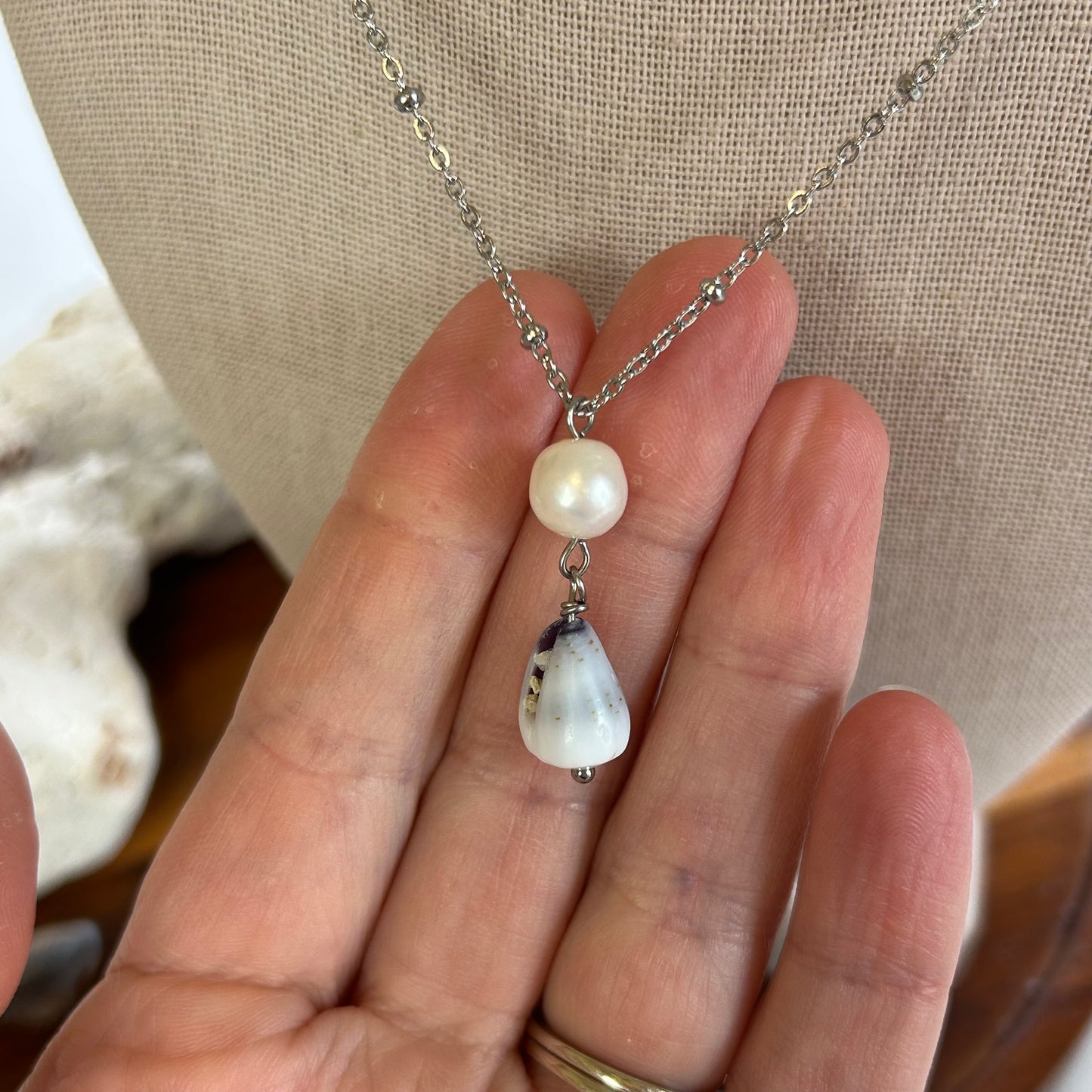 Mini Cone Shell Pearl Drop Necklace