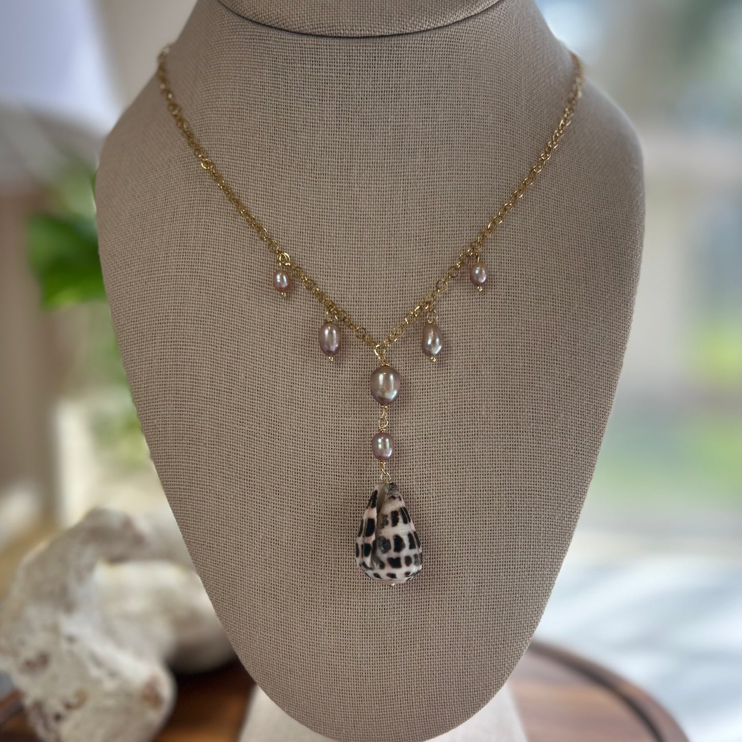 Elegant Lavender Pearl & Hebrew Cone Shell Necklace