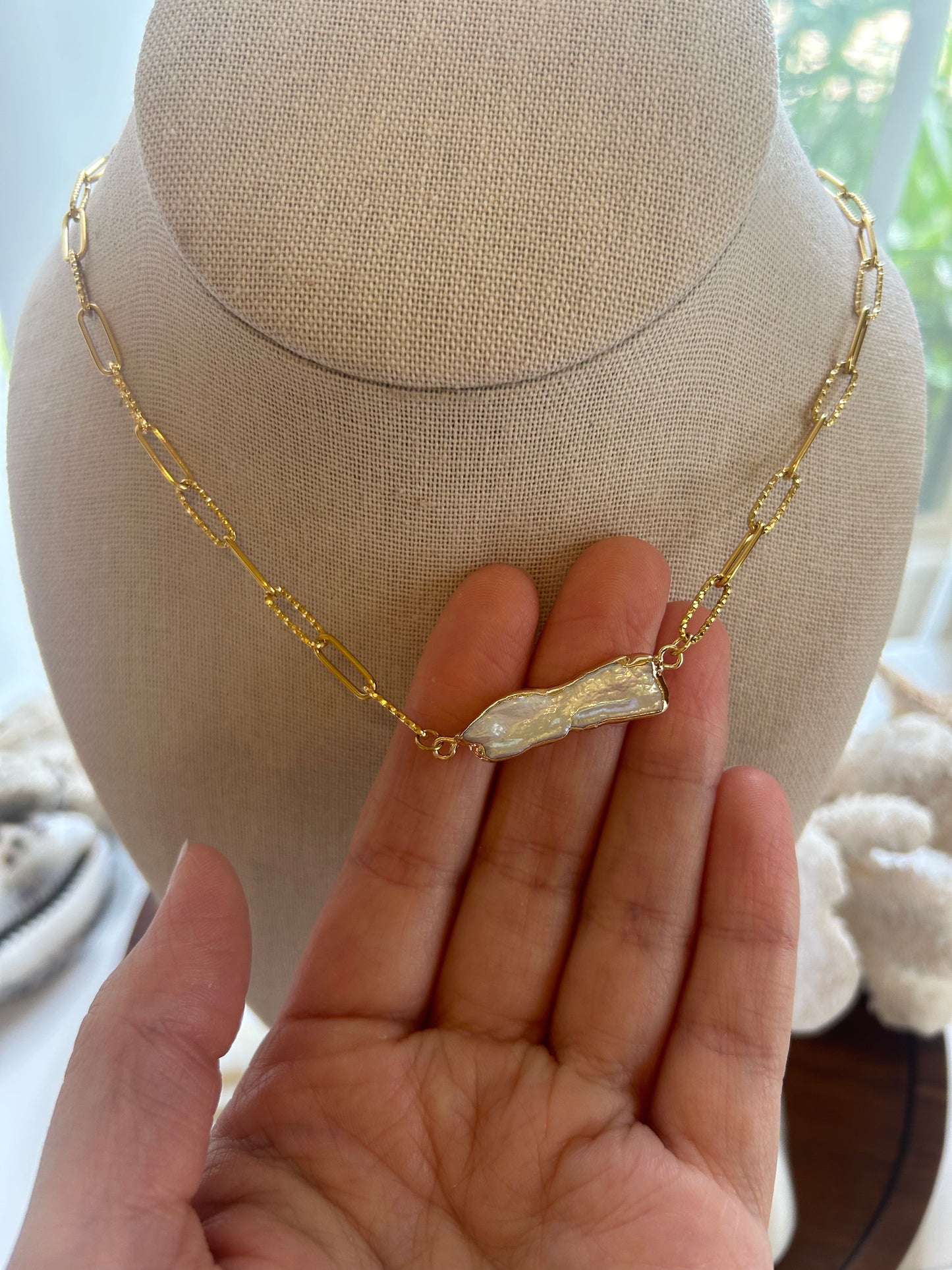 Fluid Form Mother of Pearl Bar Necklace